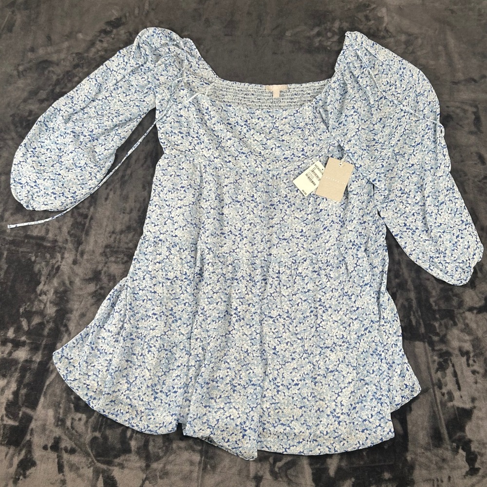 NWT Chelsea 28 Mini Dress Womens XXL Blue Floral Smocked Puff Sleeve CH479951MI